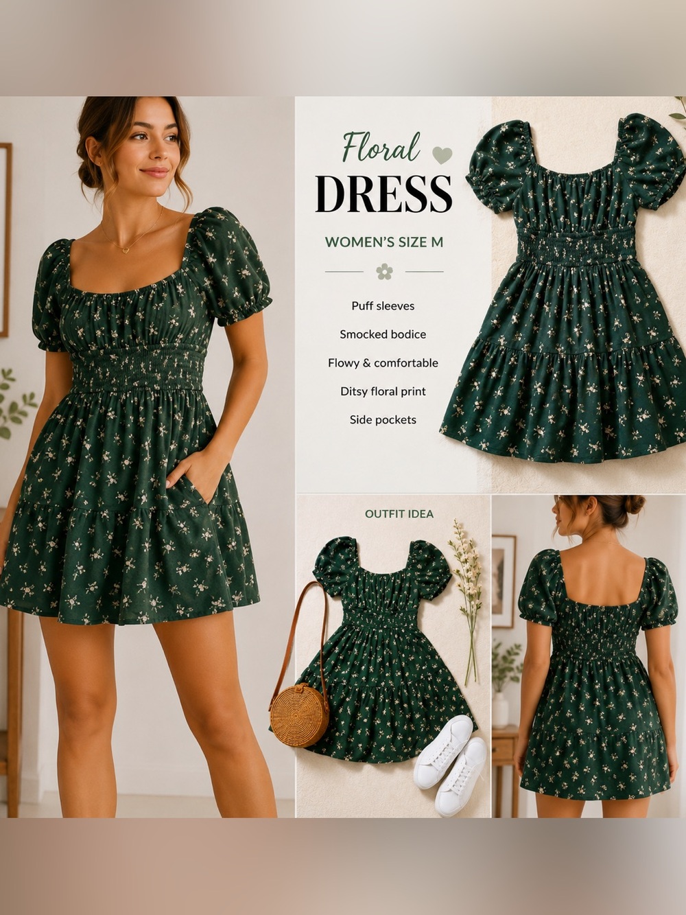 Hollister Green Floral Smocked Romper Dress | Puff Sleeves |Side Pockets |Size M